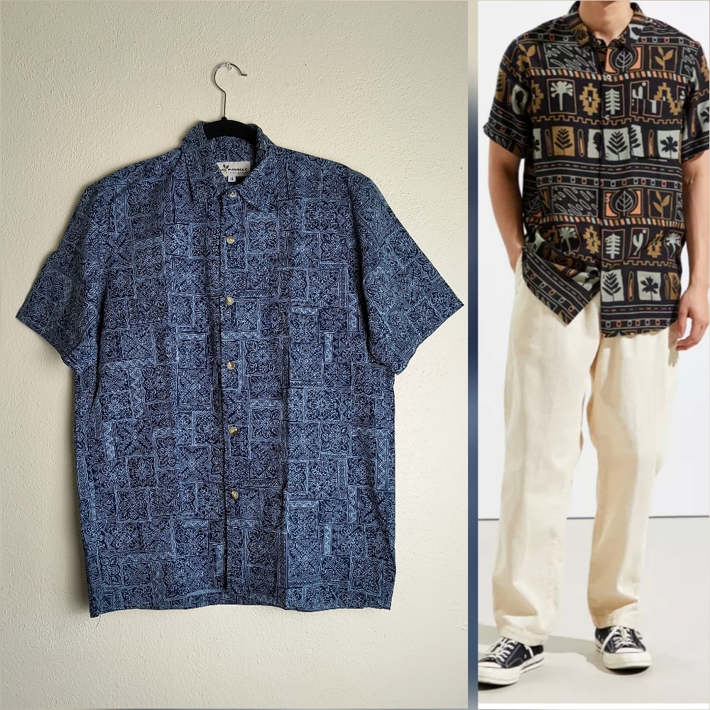TWO PADDLES Hawaiian Shirt Button Down Men's Size M Blue Navy Geo Cruise Summer